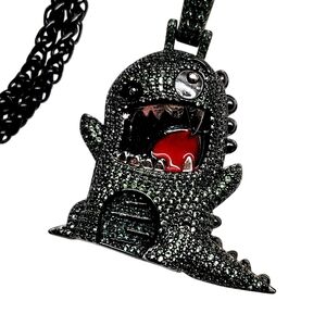 HELLOICE 18k Black Gold Plated Green CZ Stones Dinosaur Pendant with Black Chain